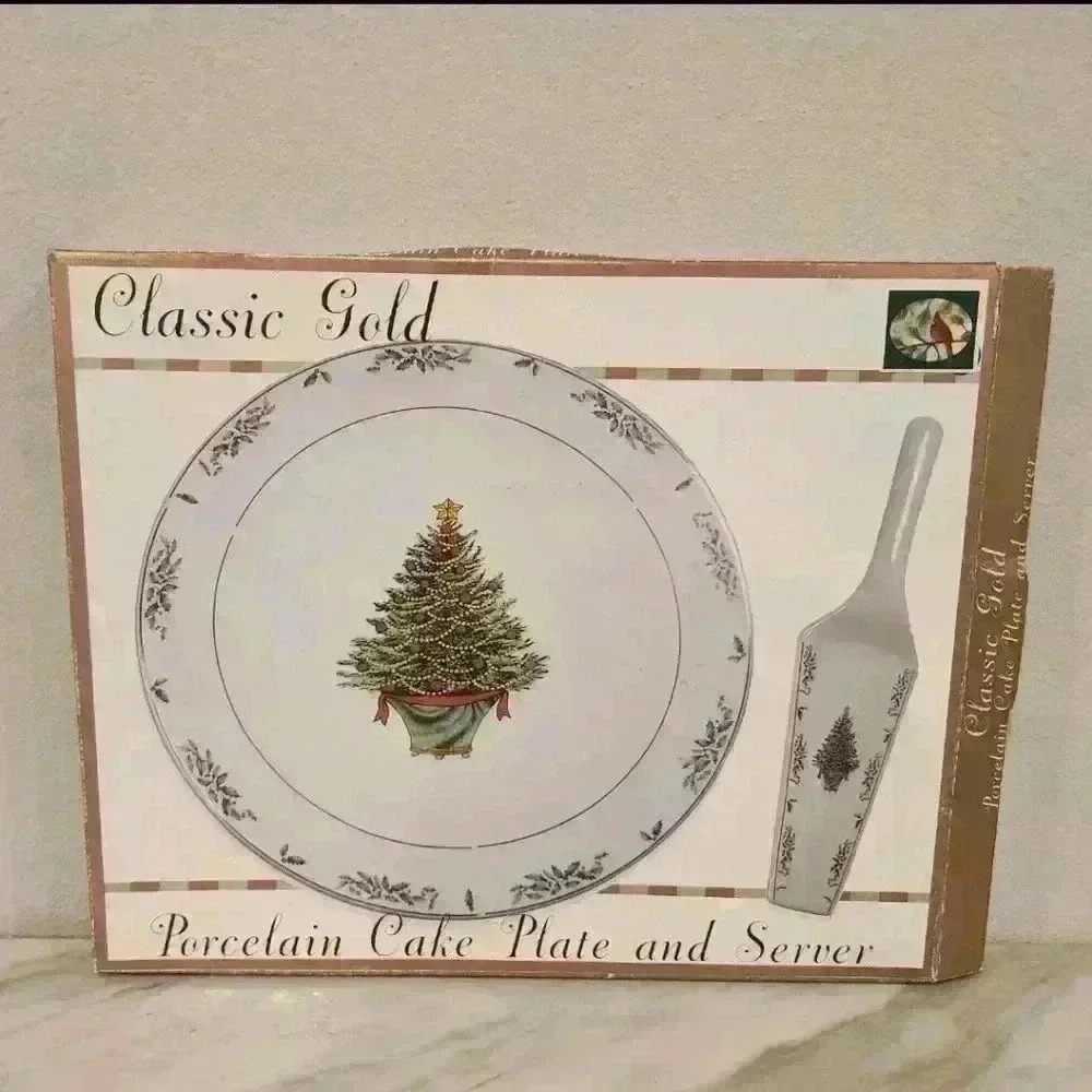 Vintage Classic Gold Fine Porcelain Cake Plate and Server With Box